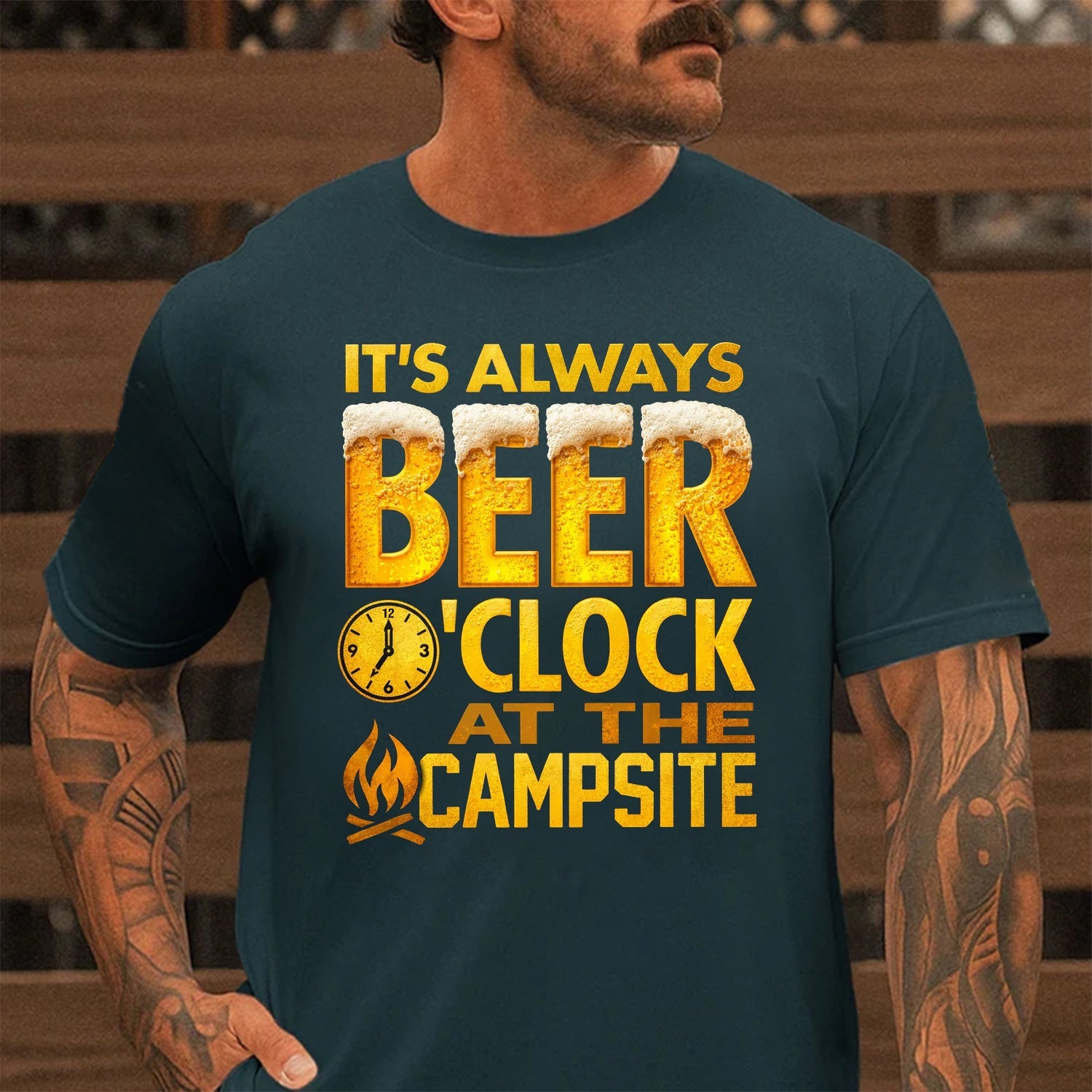 Funny Camping Beer T-Shirt – “It’s Always Beer O’Clock at the Campsite” Drinking Campfire Graphic Tee