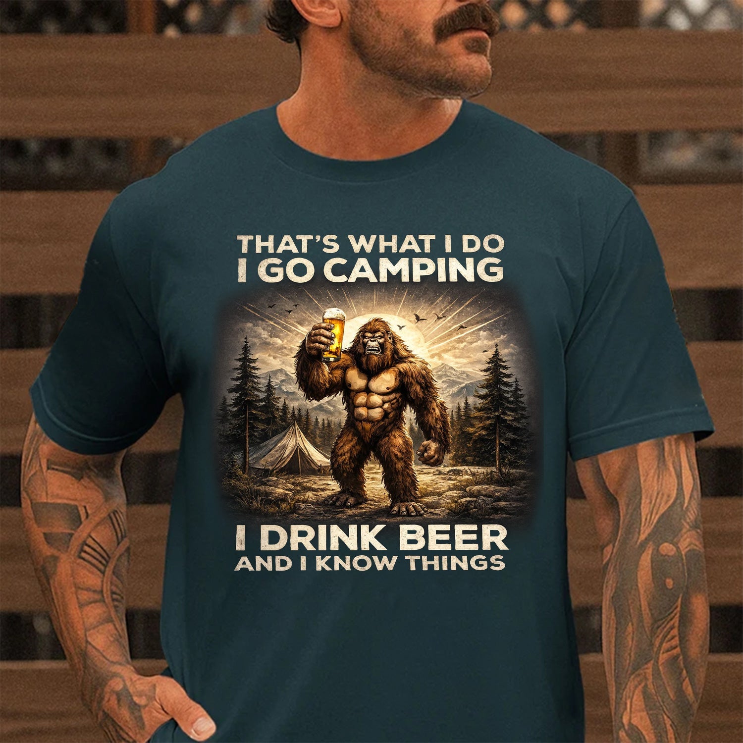 I Go Camping I Drink Beer Bigfoot T-Shirt – Funny Sasquatch Camping Humor Graphic Tee