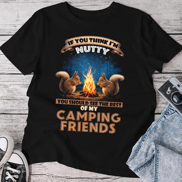 Funny Camping Friends T-Shirt – Nutty Squirrels Around Campfire