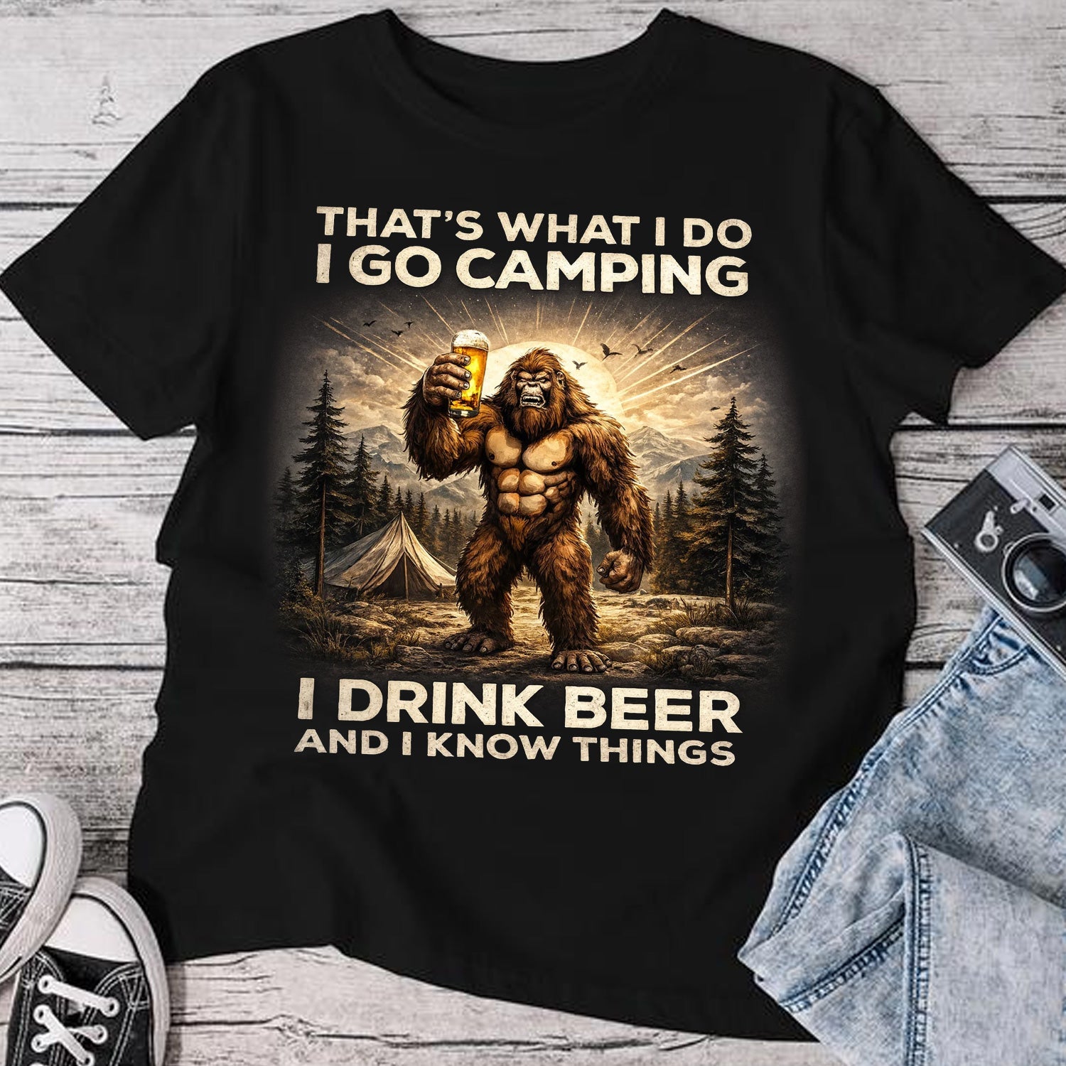 I Go Camping I Drink Beer Bigfoot T-Shirt – Funny Sasquatch Camping Humor Graphic Tee