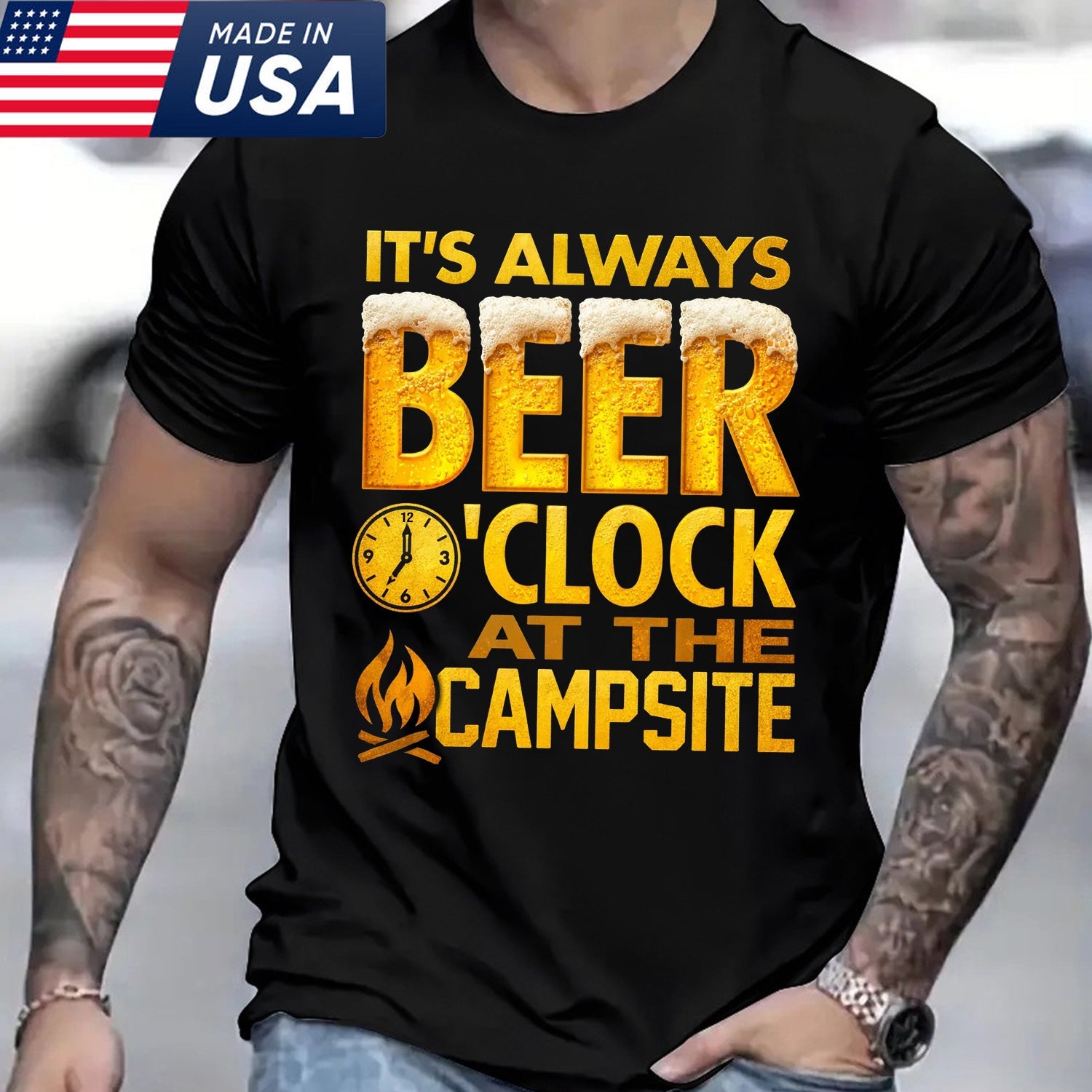 Funny Camping Beer T-Shirt – “It’s Always Beer O’Clock at the Campsite” Drinking Campfire Graphic Tee