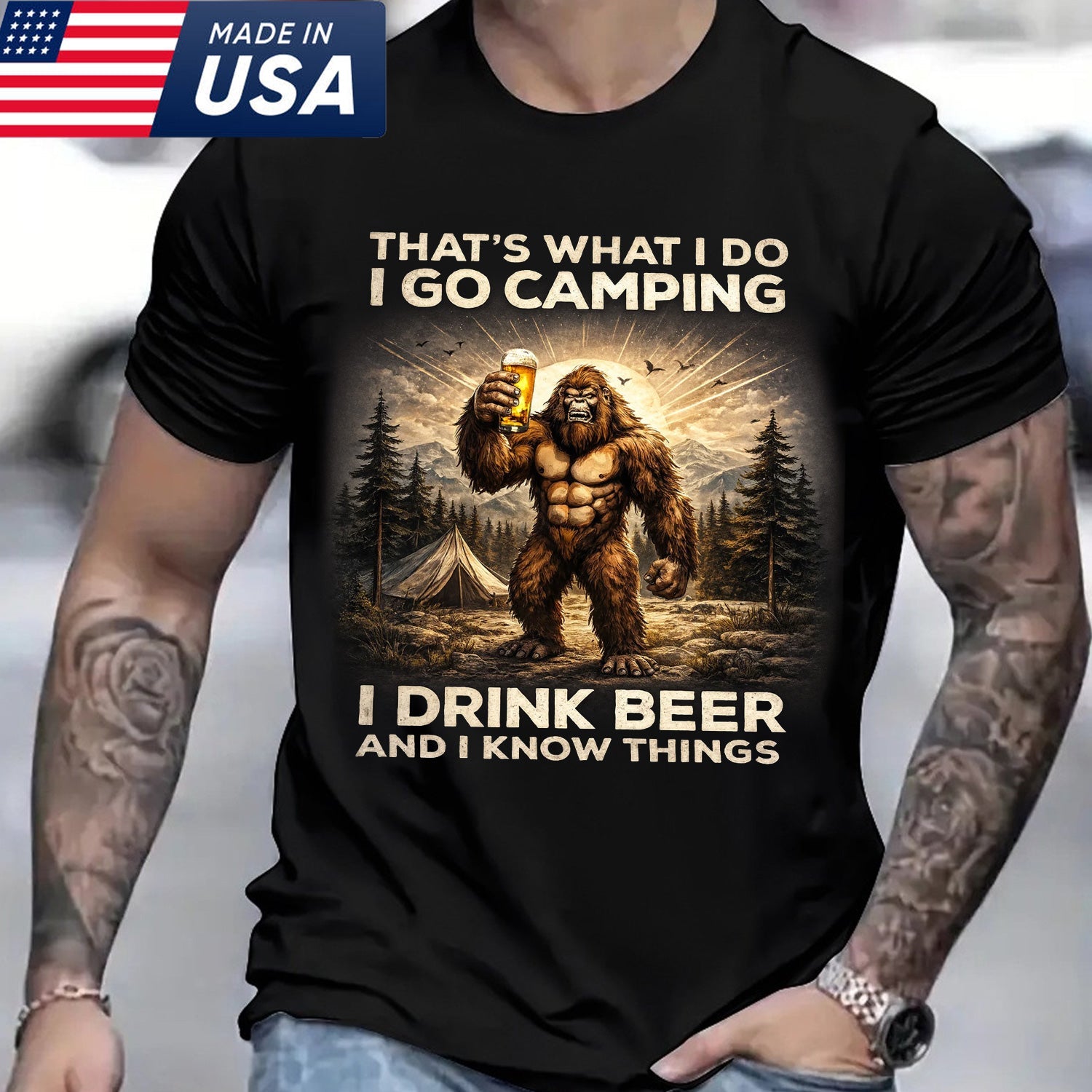 I Go Camping I Drink Beer Bigfoot T-Shirt – Funny Sasquatch Camping Humor Graphic Tee