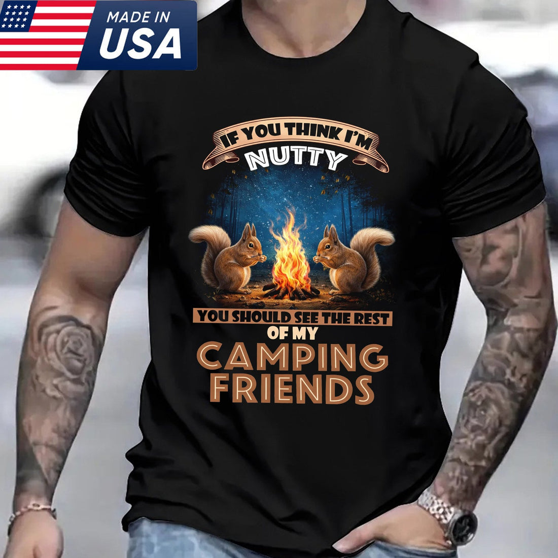 Funny Camping Friends T-Shirt – Nutty Squirrels Around Campfire