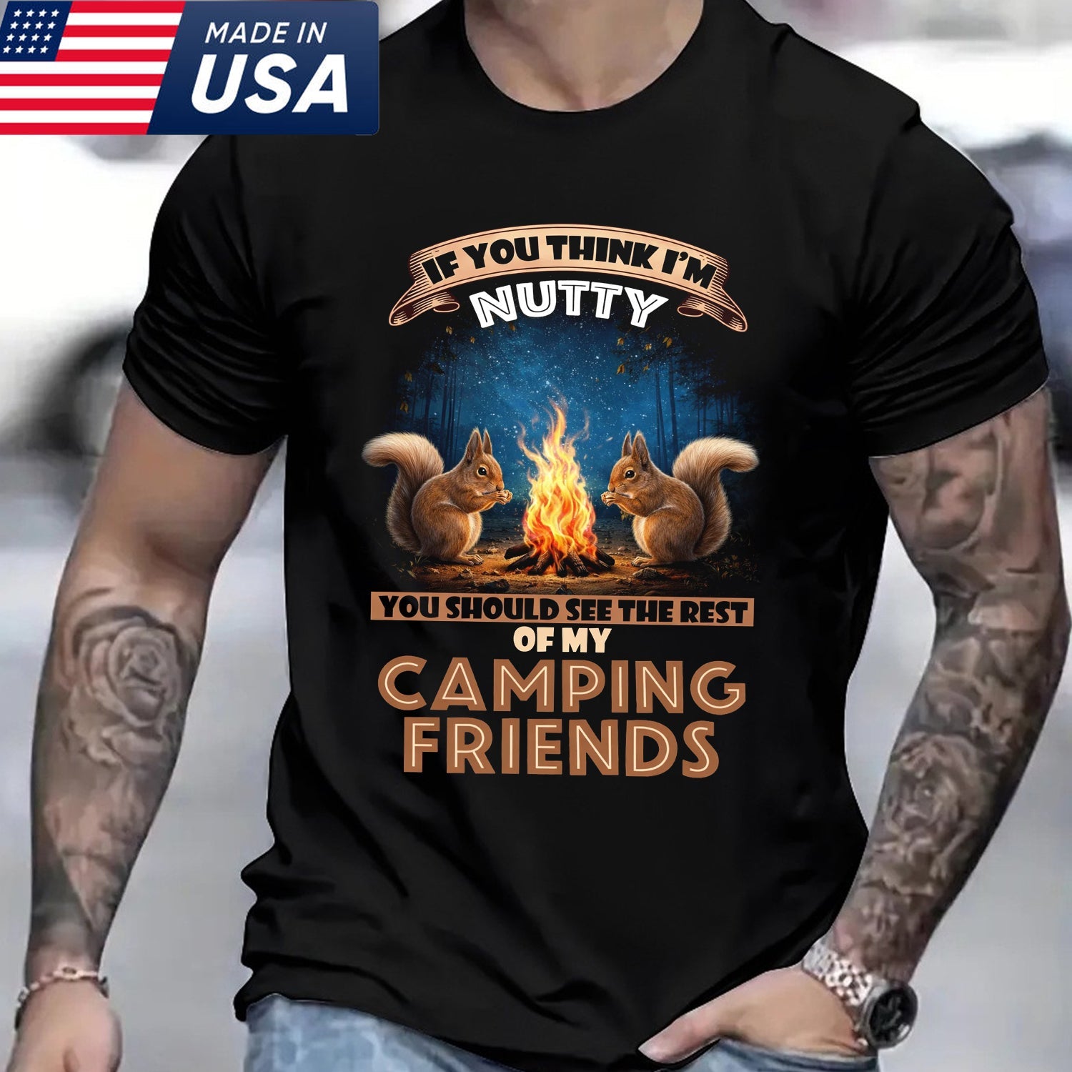 Funny Camping Friends T-Shirt – Nutty Squirrels Around Campfire