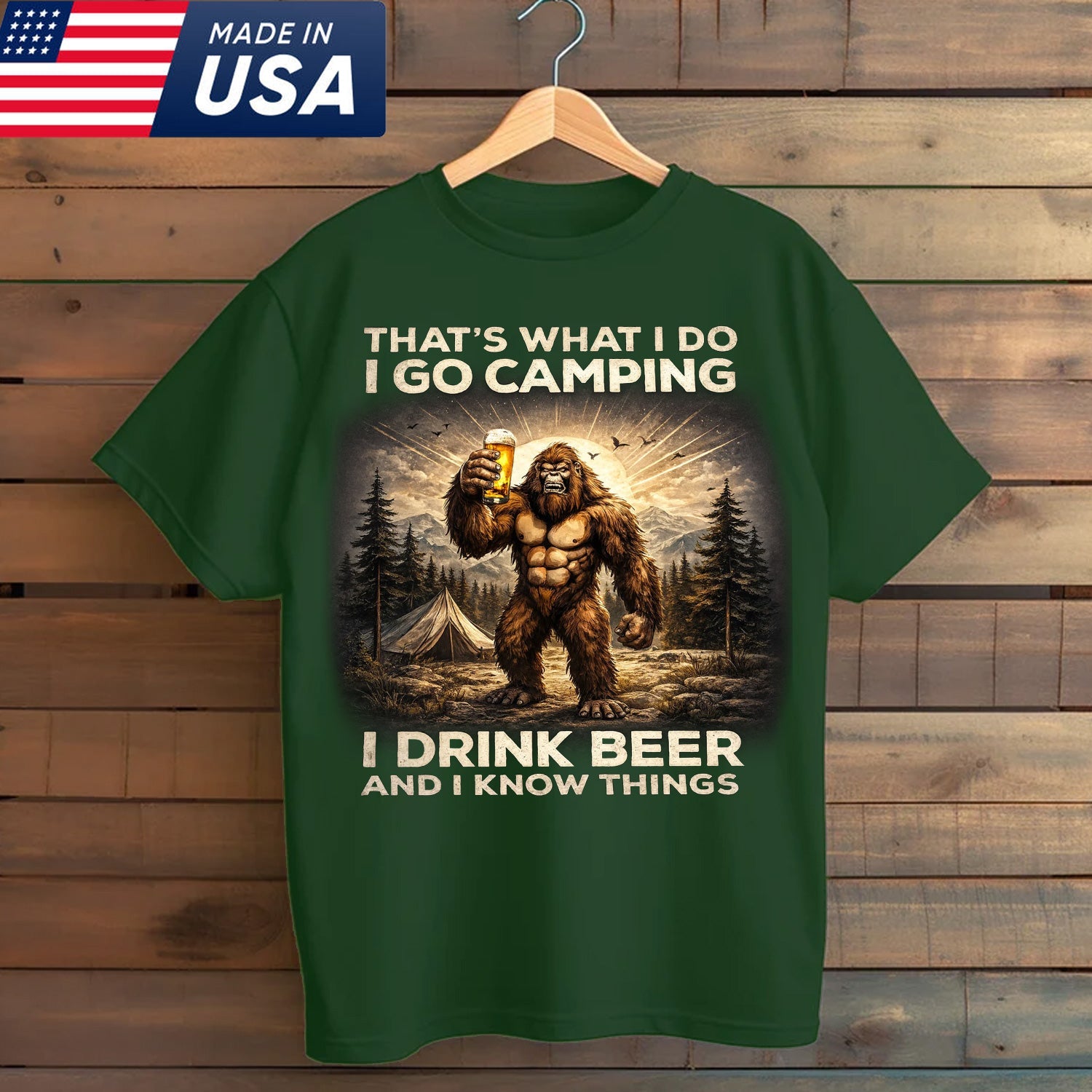 I Go Camping I Drink Beer Bigfoot T-Shirt – Funny Sasquatch Camping Humor Graphic Tee