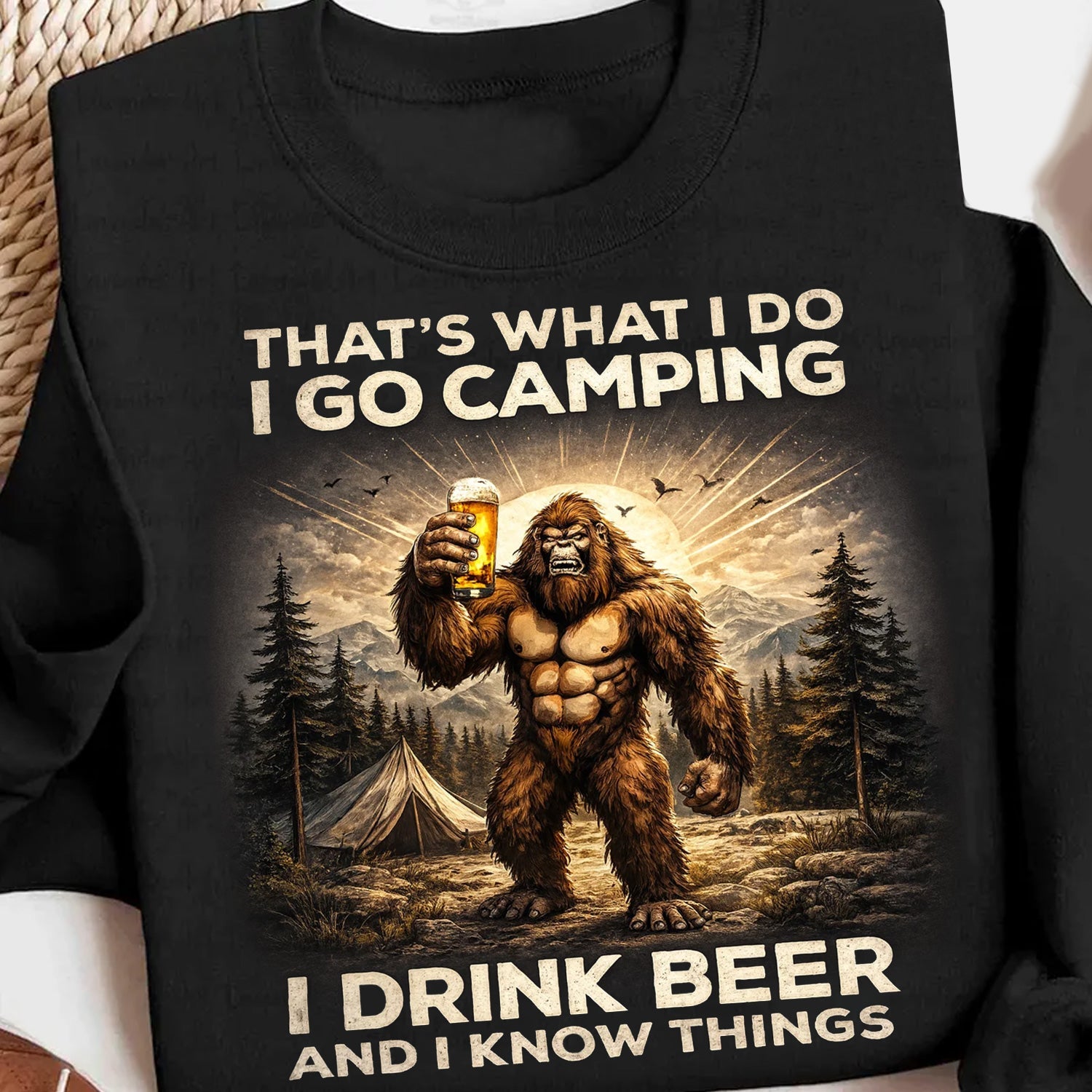 I Go Camping I Drink Beer Bigfoot T-Shirt – Funny Sasquatch Camping Humor Graphic Tee